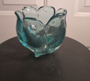 Spanish  Recycled Glass Tulip Bowl Vase Teal Heavy Glass Scalloped Rim